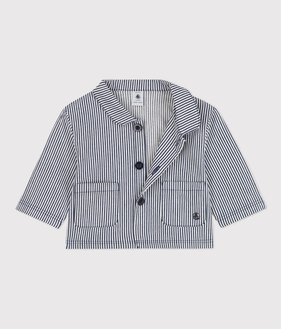 Babies' Stripy Cropped Jacket MEDIEVAL blue/MARSHMALLOW white