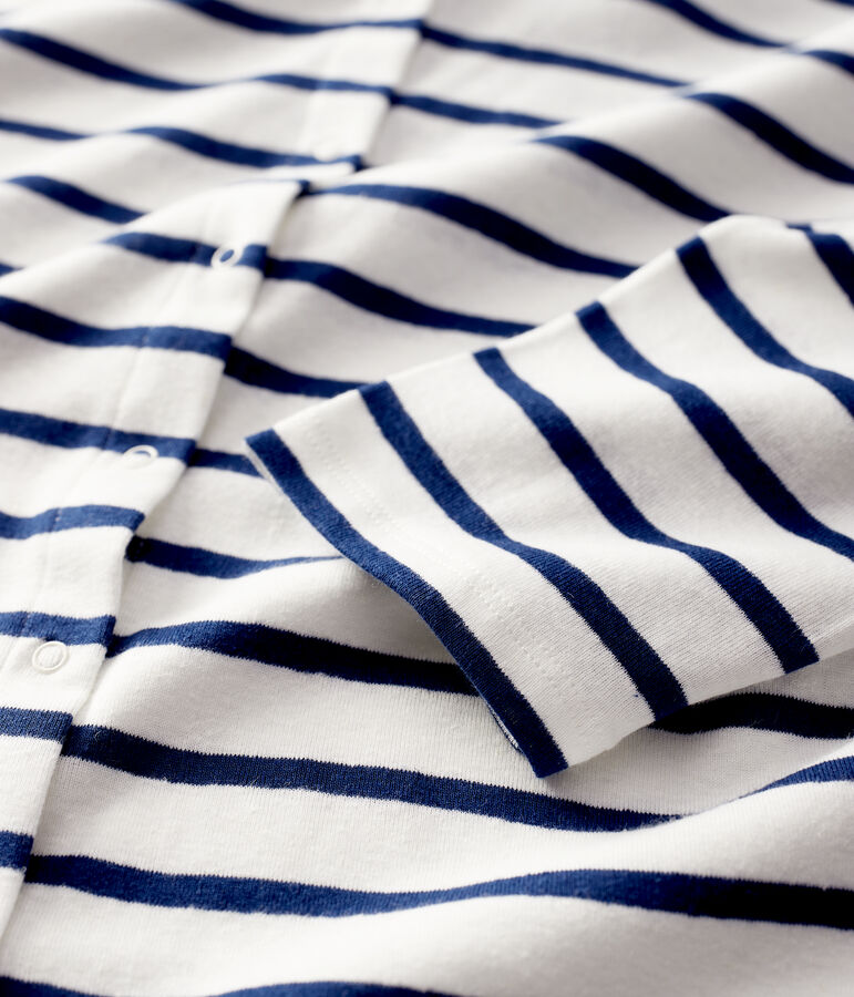 Women's Striped Linen and Cotton Blend Cardigan MARSHMALLOW white/MEDIEVAL blue