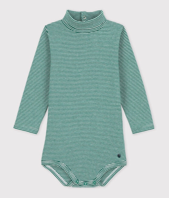 Babies' Stripy Long-Sleeved Roll Neck Cotton Bodysuit EVERGREEN /MARSHMALLOW