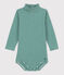 Babies' Stripy Long-Sleeved Roll Neck Cotton Bodysuit EVERGREEN /MARSHMALLOW