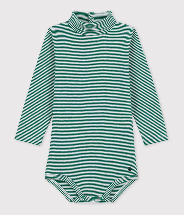 Babies' Stripy Long-Sleeved Roll Neck Cotton Bodysuit green/white
