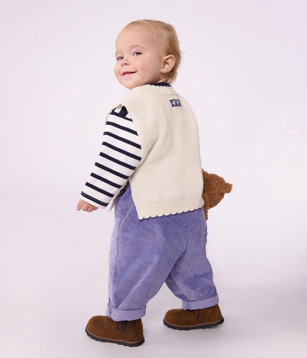 Babies' sleeveless wool and cotton knit jumper. white