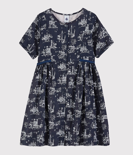 Girls' short-sleeved tube knit dress SMOKING blue/ECUME white