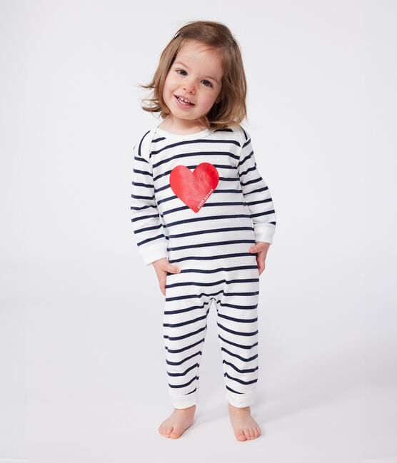 Babies' heart pattern popper-free cotton pyjamas MARSHMALLOW white/SMOKING blue