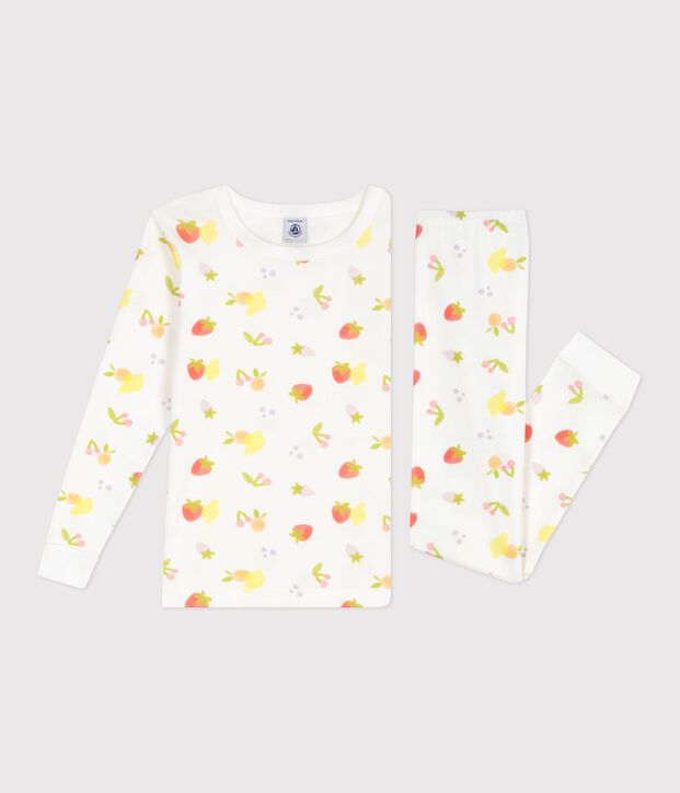 Children's very snug-fitting pyjamas in printed cotton with a fruit print white/multicolor
