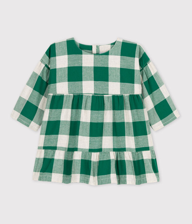 Babies' Long-Sleeved Checked Flannel Dress MATCHA/ecru