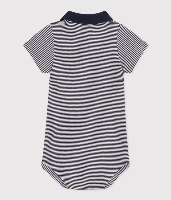Babies' Short-Sleeved Stripy Polo Collar Cotton Bodysuit SMOKING blue/MARSHMALLOW white
