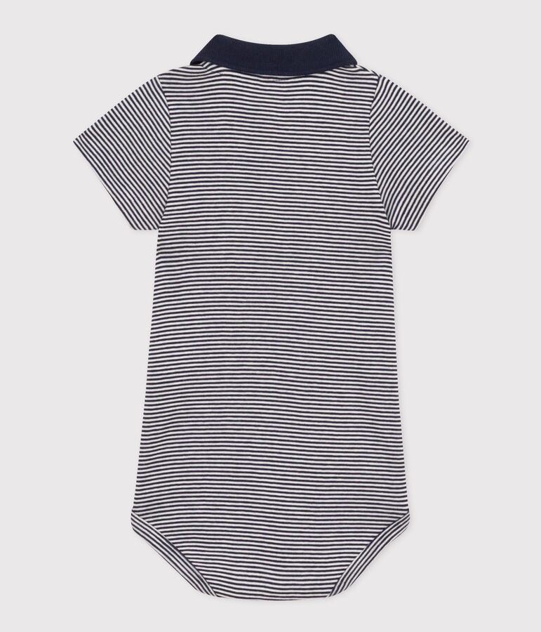 Babies' Short-Sleeved Stripy Polo Collar Cotton Bodysuit blue/white