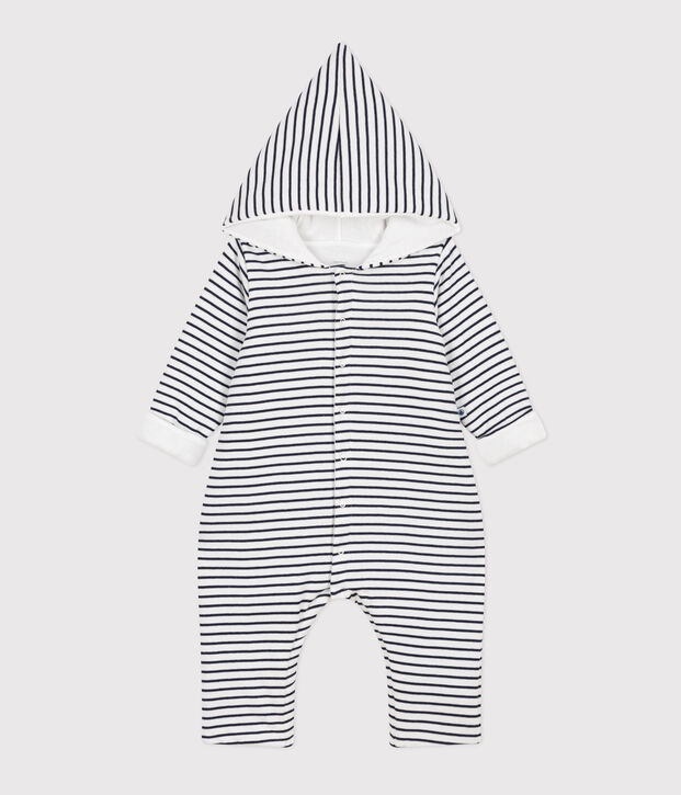 Babies' Quilted Cotton Hooded Jumpsuit white/blue