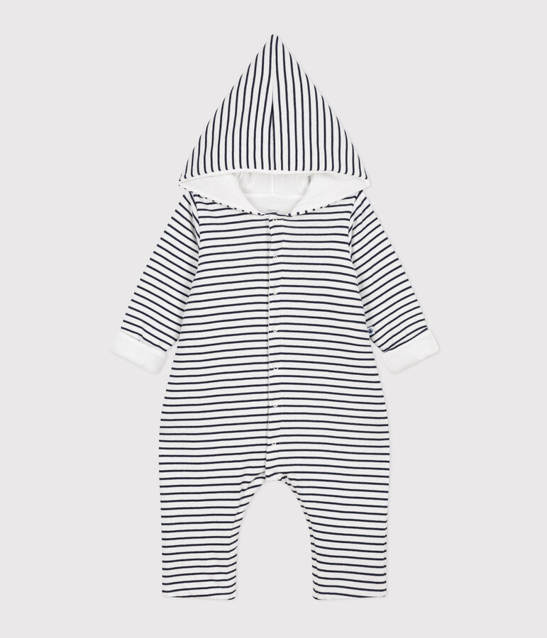 Babies' Quilted Cotton Hooded Jumpsuit white/blue