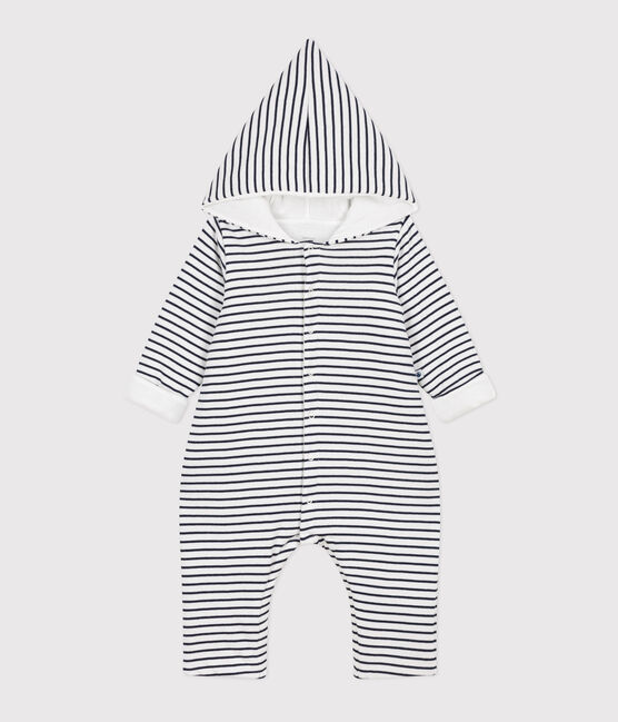 Babies' Quilted Cotton Hooded Jumpsuit MARSHMALLOW white/SMOKING blue