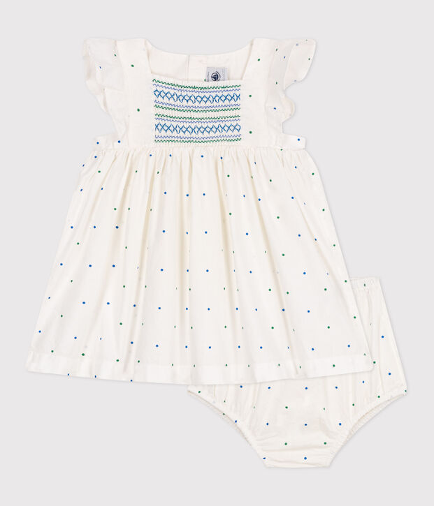 Babies' white cotton dress and bloomers printed with spots white/multicolor