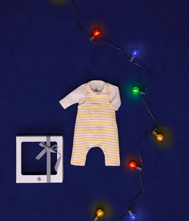 Babies' dungarees and cotton bodysuit set Ecru/yellow