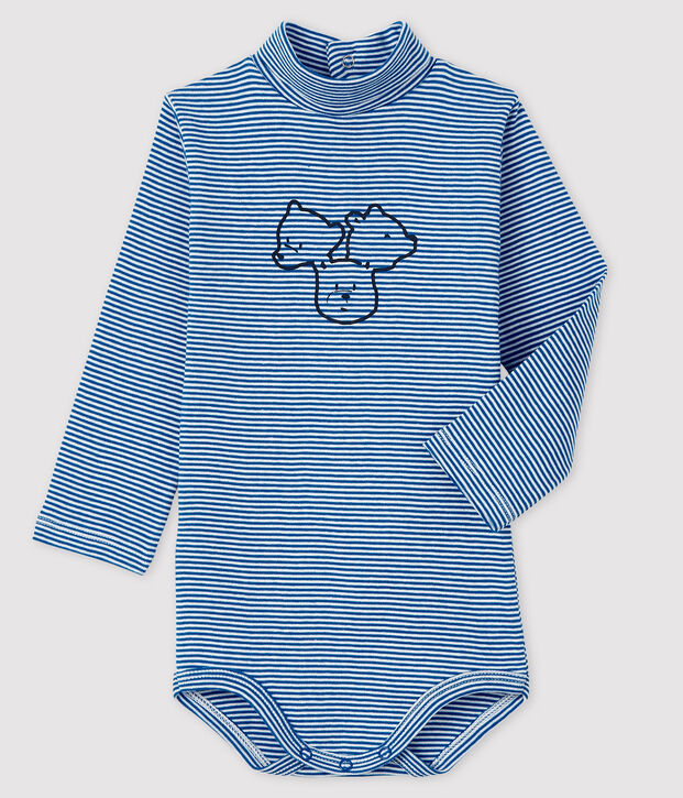 Baby's long-sleeved roll-neck bodysuit blue/white