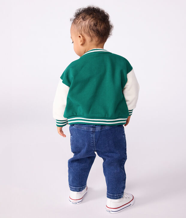 Babies' varsity-style cotton jacket in two colours green/ecru