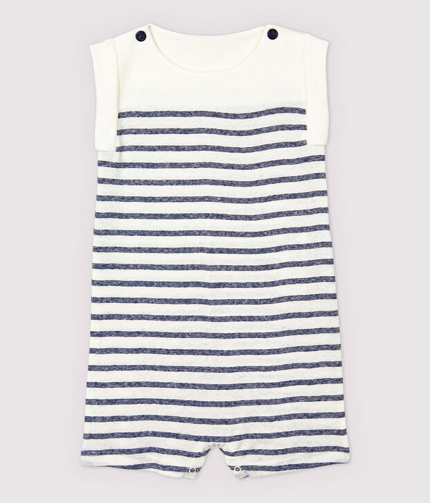 Baby Boys' Stripy Cotton and Linen Blend Jumpsuit white/blue