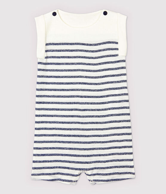Baby Boys' Stripy Cotton and Linen Blend Jumpsuit MARSHMALLOW white/MEDIEVAL blue