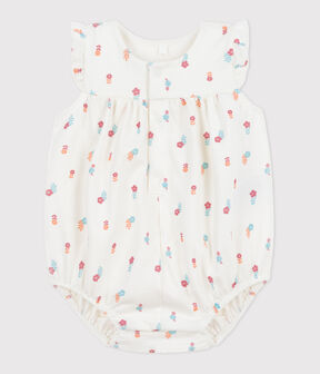 Babies' cotton rompers printed with little country flowers MARSHMALLOW white/MULTICO white