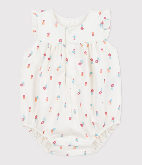 Babies' cotton rompers printed with little country flowers MARSHMALLOW white/MULTICO white