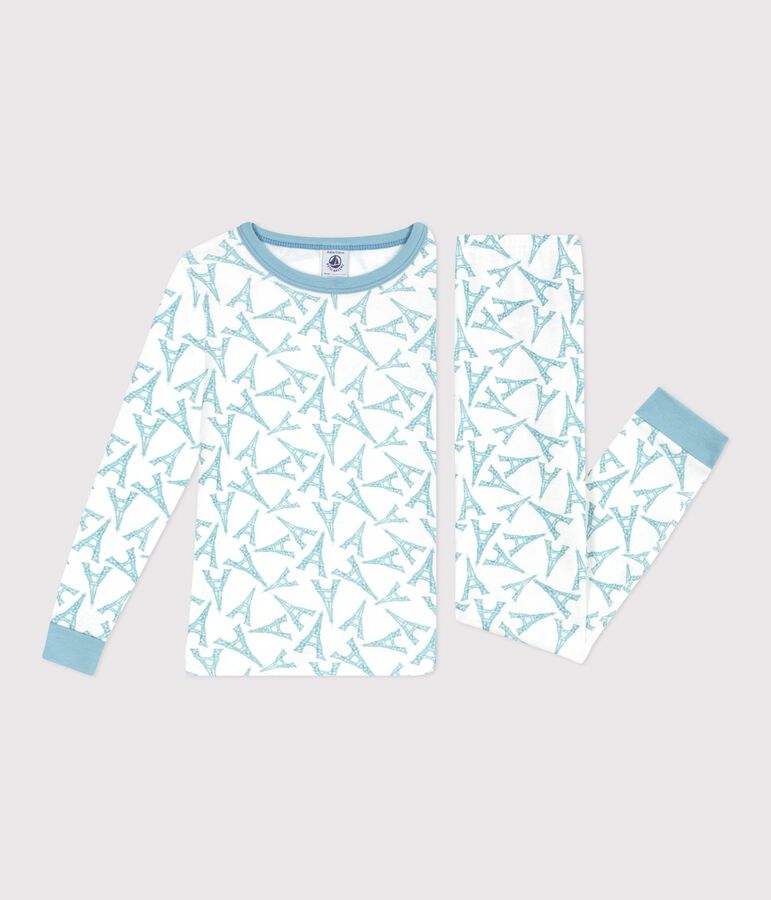 Children's very snug fitting Eiffel Tower print cotton pyjamas white/green/multicolor