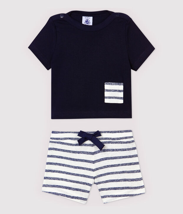 Baby Boys' Cotton and Linen Blend Shorts and T-Shirt blue/white
