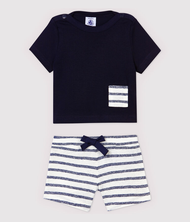 Baby Boys' Cotton and Linen Blend Shorts and T-Shirt blue/white
