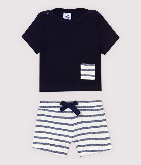 Baby Boys' Cotton and Linen Blend Shorts and T-Shirt SMOKING blue/MARSHMALLOW white
