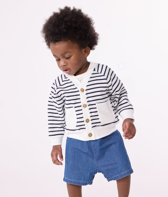 Babies' thick jersey cardigan MARSHMALLOW white/SMOKING blue