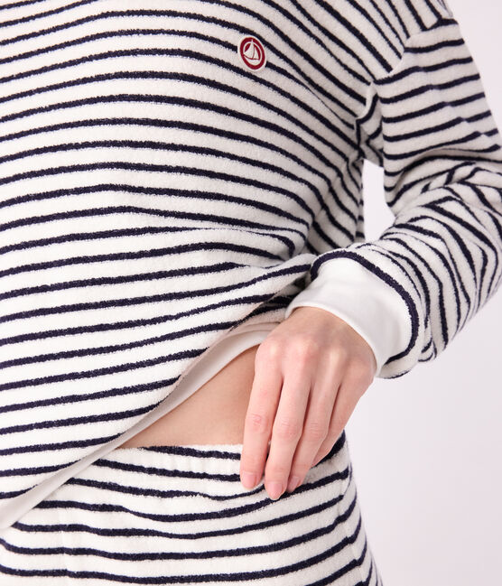 Women's stripy cotton terry pyjamas MILK blue/SOIR