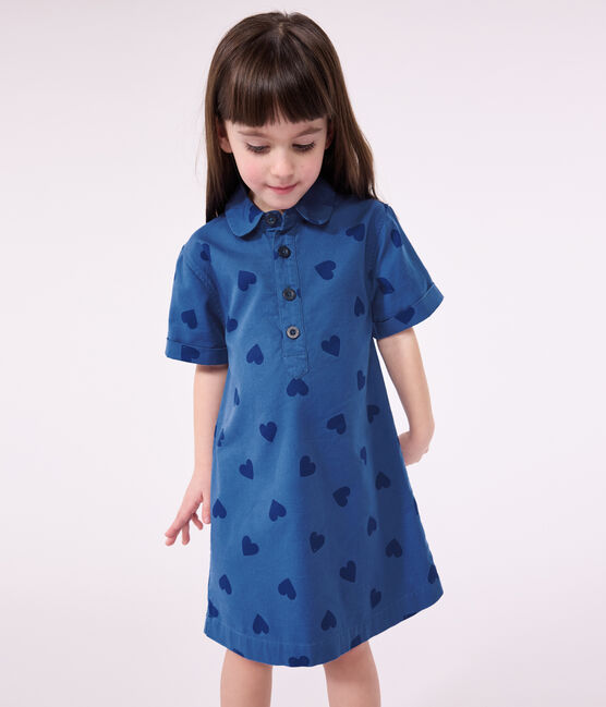Children's short-sleeved heart-patterned cotton dress ALASKA FONCE blue/MEDIEVAL