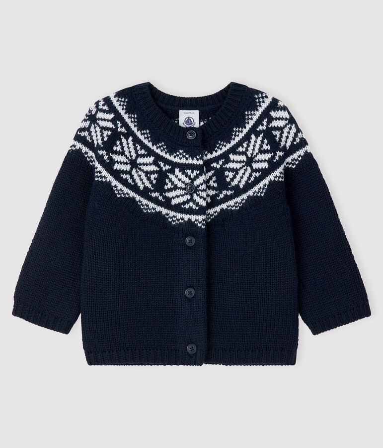 Baby's cardigan in 100% wool SMOKING blue/MARSHMALLOW white