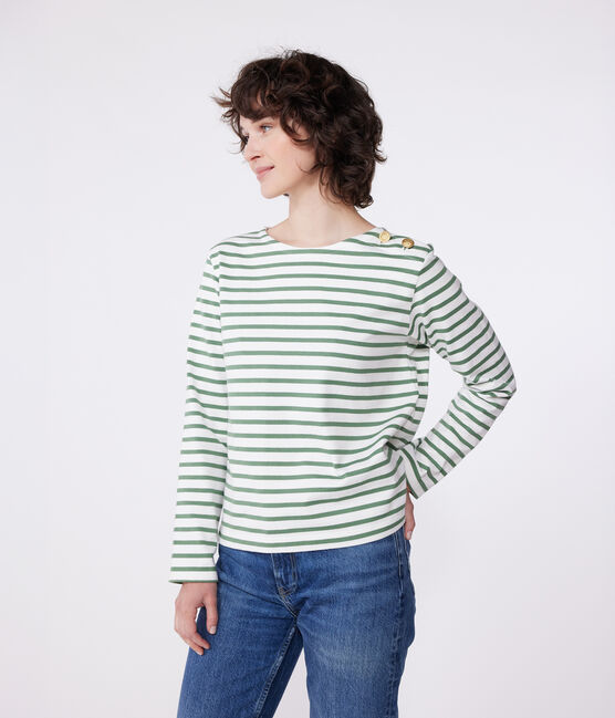 Women's long-sleeved cotton Breton top MARSHMALLOW green/PALMERAIE