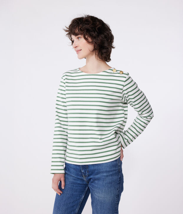 Women's long-sleeved cotton Breton top green/green
