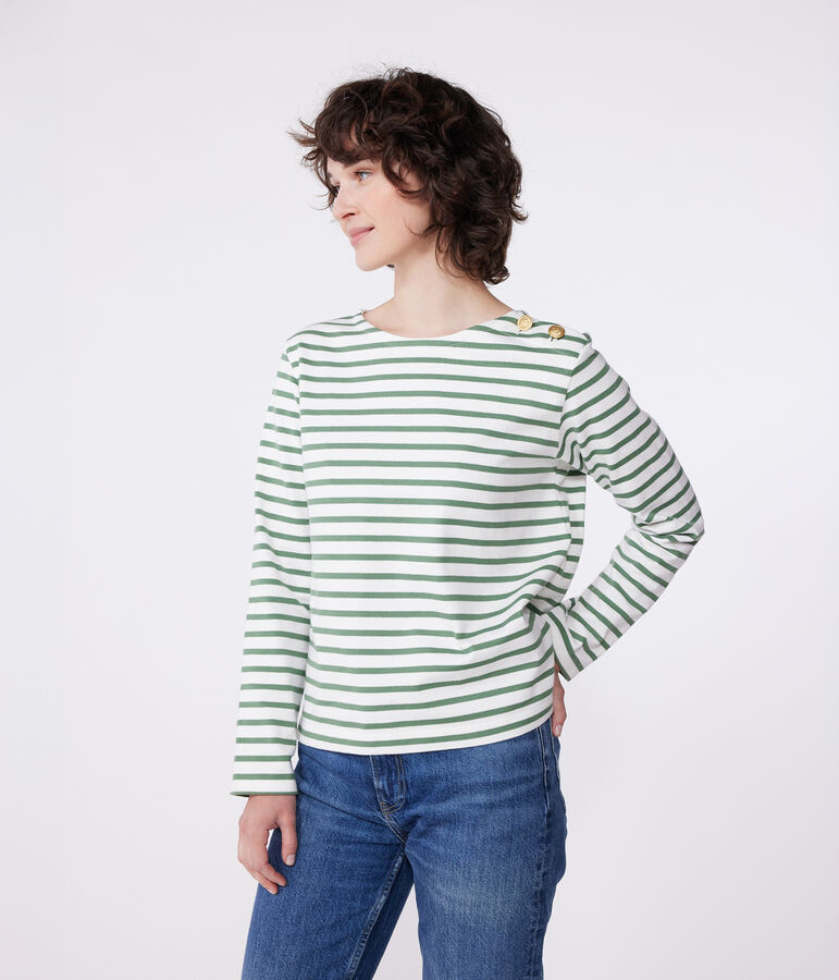 Women's long-sleeved cotton Breton top white/green
