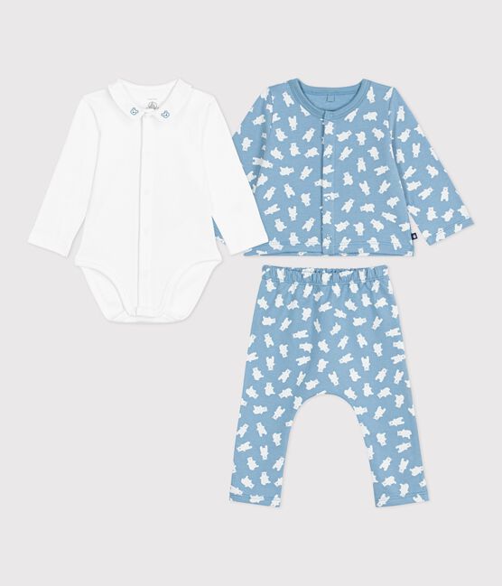 Babies' three-piece bear print set, including a body with an embroidered collar ADRIATIC blue/MULTICO