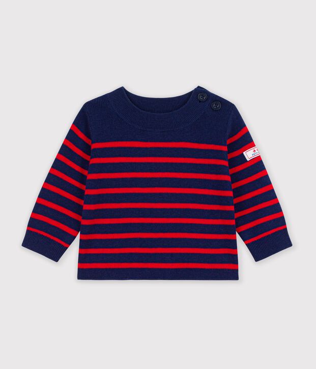Babies' stripy wool and cotton sailor-style jumper blue/red