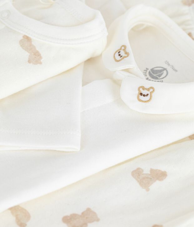 Babies' teddy bear print cotton 3-piece gift set white/BRUN