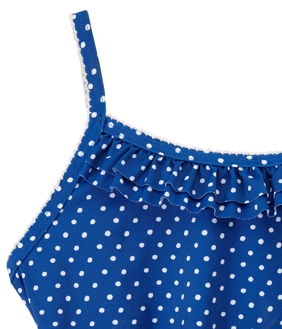 Girl's one-piece polka dot swimsuit PERSE blue/MARSHMALLOW white