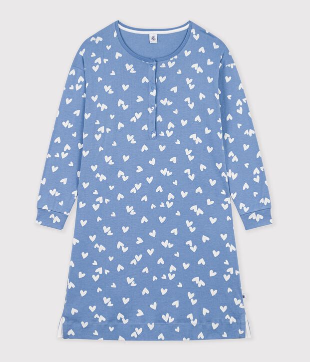 Women's cotton nightdress with a grandad neckline and a heart print blue/white