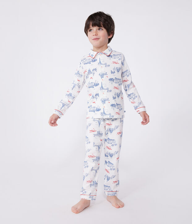 Children's Paris print cotton pyjamas with buttons white/multicolor