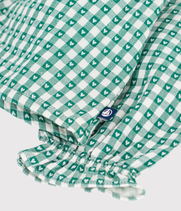 Babies' long-sleeved gingham heart-print cotton blouse green/white