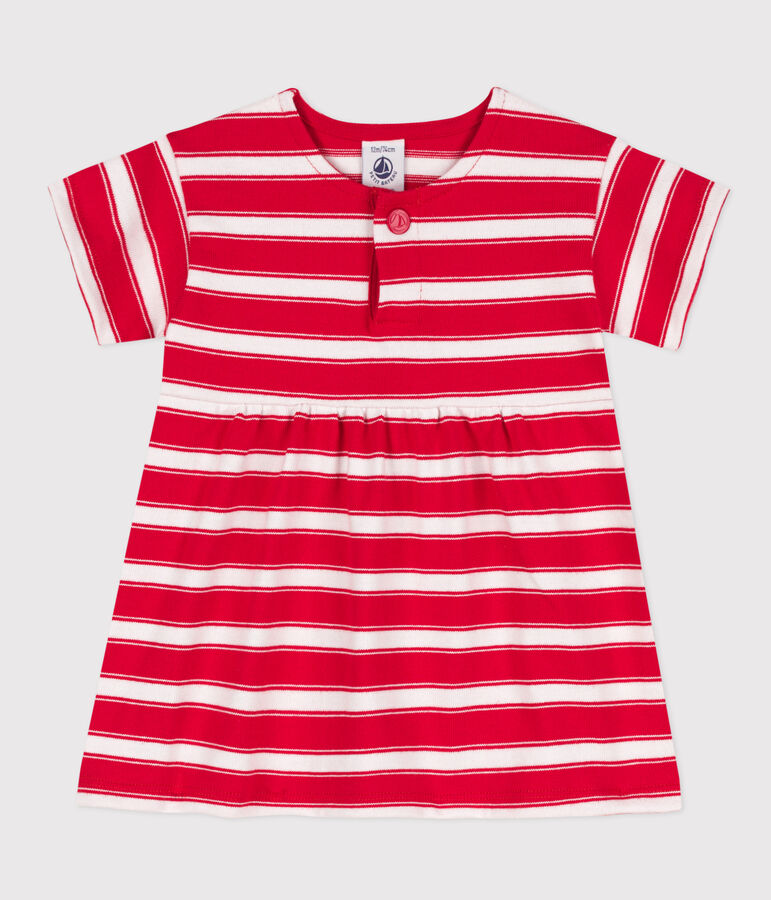 Babies' Striped Short-Sleeved Thick Jersey Dress PEPS red/MARSHMALLOW white