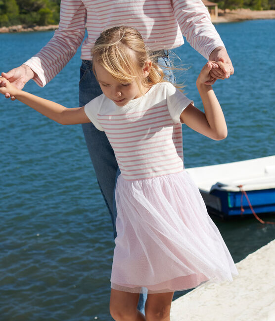 Children's short-sleeved cotton and tulle dress MARSHMALLOW white/CHARME pink