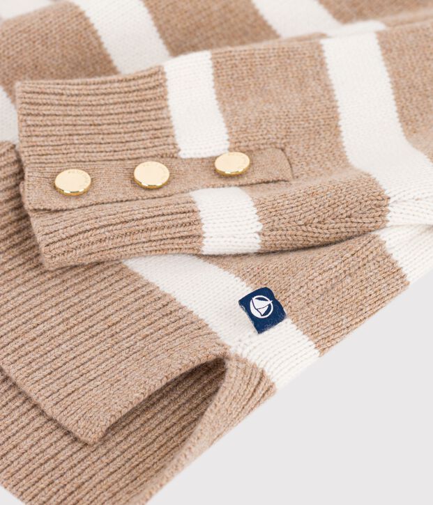 Women's striped wool and cotton roll neck jumper beige/ecru