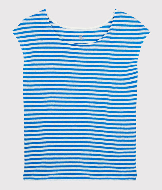 Women's Stripy Linen T-Shirt MYKONOS blue/MARSHMALLOW white