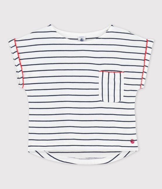 Girls' Short-Sleeved Cotton T-Shirt MARSHMALLOW white/SMOKING blue