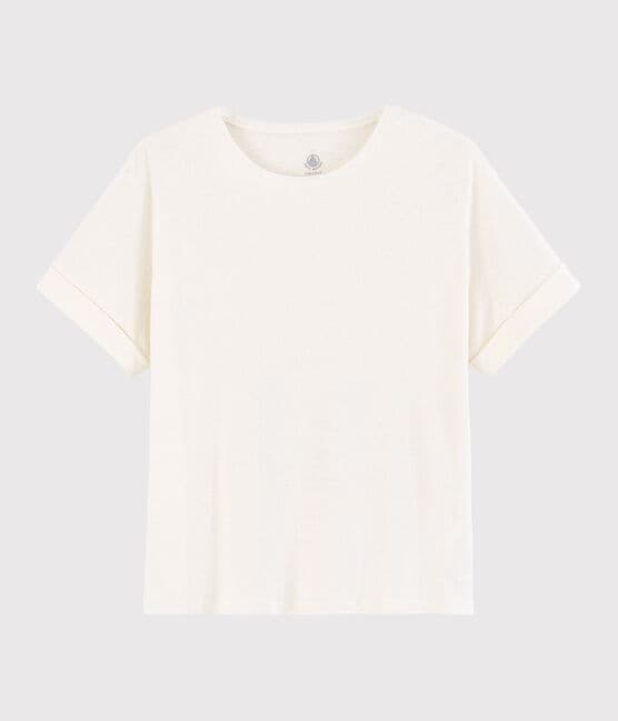 Women's Plain Linen and Cotton Blend T-Shirt MARSHMALLOW white