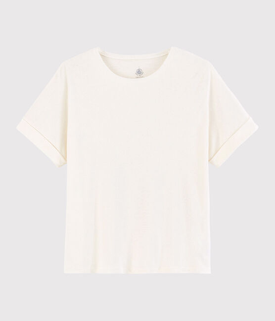 Women's Plain Linen and Cotton Blend T-Shirt MARSHMALLOW white