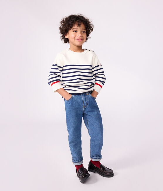 Children's stripy jumper in wool and cotton MARSHMALLOW blue/SOIR