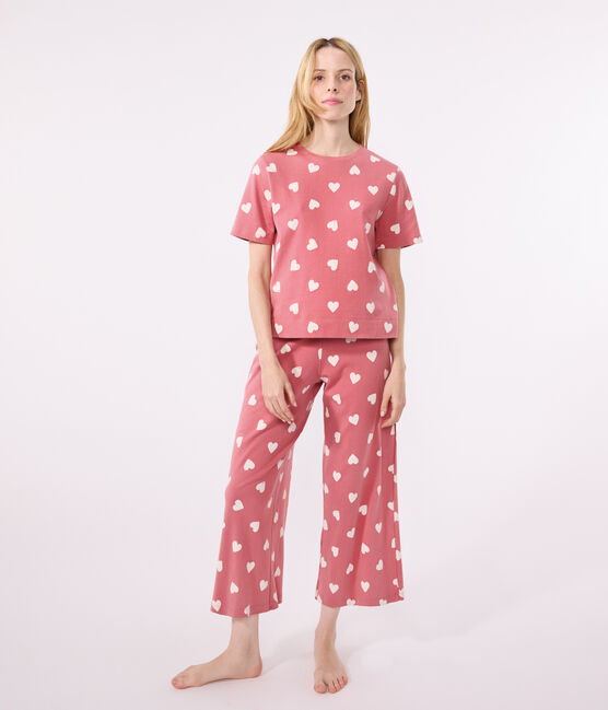 Women's cotton heart print pyjamas ROSEWOOD pink/MARSHMALLOW